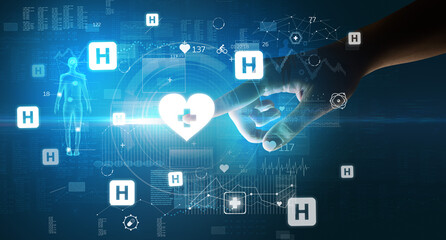 Doctor hand pressing futuristic health device with medical symbol on screen