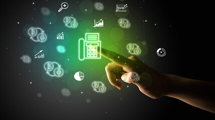 Businessman finger touching on screen multimedia interface with hand drawn currency icons