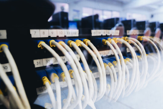 Ethernet or Lan cable in the server rack, which is a way of connecting computers together in a local area network