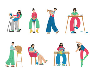 A set of illustrations of people of creative professions. Artist, origami, dancer, Sewing, Knitting, Clay modeling, sculpture