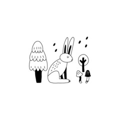 Fototapeta premium Doodle hare. Hand drawn line scandinavian style black and white print, cute scandi forest animal, kids t-shirt and nursery design woodland vector isolated illustration