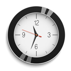 Round wall clock with black glossy body isolated on white background