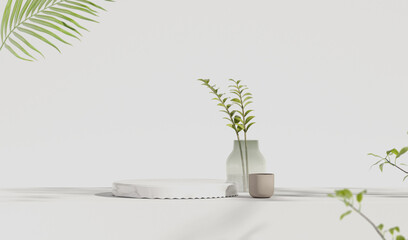 Product display podium with nature leaves, cosmetic bottle on pastel background. Minimal mockup concept for product presentation. Trendy 3d render for social media banners, promotion, studio, stage.