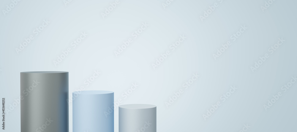 Wall mural 3 empty gray and blue cylinder podium floating on white copy space background. abstract minimal stud