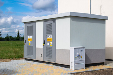 outdoor transformer station on a sunny day - obrazy, fototapety, plakaty