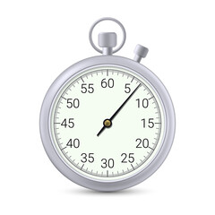 Realistic metal stopwatch close-up on white background. Sports timer. View from above. Vector illustration.