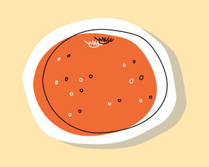 Vector illustration of orange or tangerine in doodle style. Drawing with an offset outline. Hand drawn icon and symbol for print on baby clothes, sticker, textile design. Doodle design elements. 
