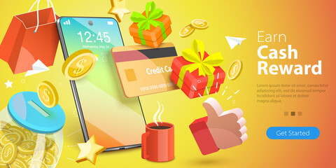 3D Vector Conceptual Illustration of Earn Cash Reward, Loyalty and Referral Marketing Program