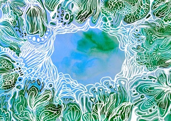Fototapeta na wymiar Sfondo acquerello azzurro verde smeraldo astratto floreale cornice botanica 