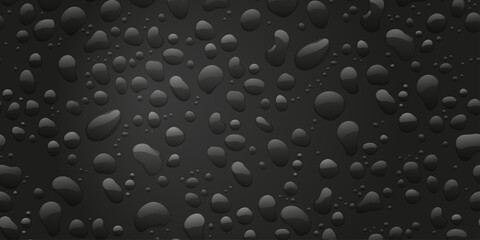 Water drops on black background. Condensation of realistic pure rain droplets