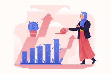 executive woman watering arrow plant growth illustration