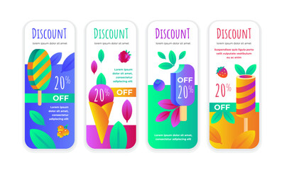 Set of vertical discount banners with bright ice creams, berries and leaves isolated on white background