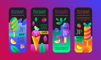 Modern vertical discount banners on black background with sweets, citrus and ice creams
