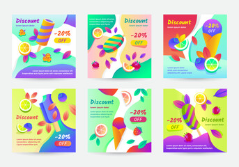 Set of attractive discount square posters with ice creams, berries, leaves and fruits on light abstract background