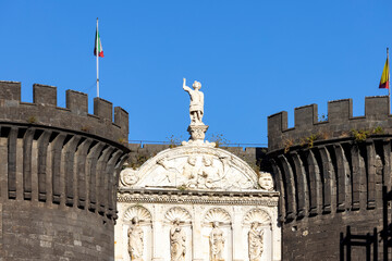 Medieval Castel Nuovo located near the Port of Naples, front view, Naples, Italy