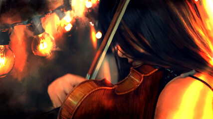 a beautiful girl with long hair plays the violin. she has a bow in her hand, light bulbs are lit nearby and a light fog is flying in the air.a bright orange warm light falls on it.2d illustration © Николай Акатов