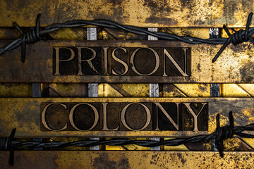 Prison Colony text with barbed wire on vintage textured grunge copper and gold background