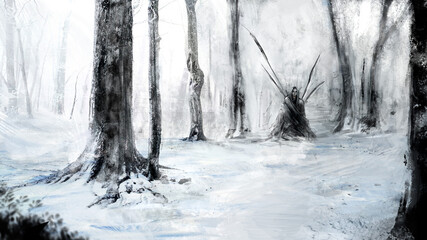 A lonely hermit in a raincoat stands in a snow-covered, remote, gloomy forest. he has strange spiked wings sticking out of his back. there are snow-covered trees and bushes on the background.2d art
