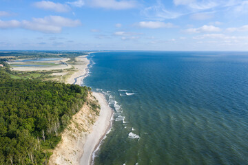 Baltic coastline with green summer forest and the sea. Aerial view from drone