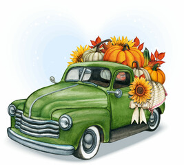 Watercolor hand drawn fall pickup full of pumpkins
