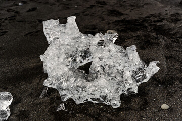 Detail of a glacial fragment of ice at Jokulsarlon glacier black beach, Iceland