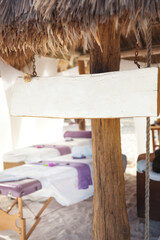 Massage salon with wooden white empty display, mockup