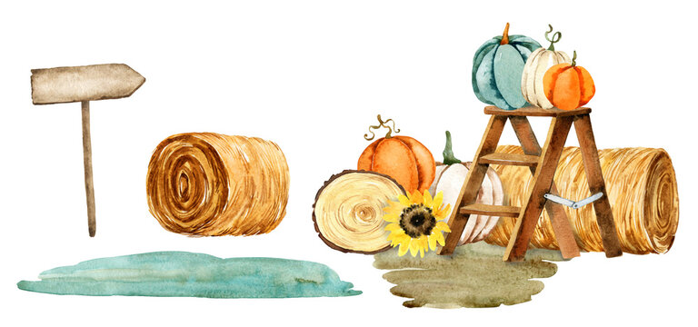 Fall watercolor set. Autumn Thanksgiving harvest pumpkin corn hay hand painted illustration