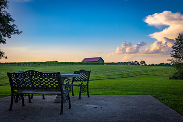 A bench and lawn chairs in front of a vineyard with a visible roof of a farm building behind small hill