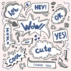 Speech bubbles with hand lettering phrases like, cute, wow, ok, hey, lol, xoxo. Vector pencil drawing collections of speech bubbles