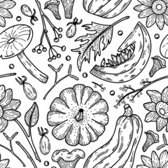 Autumn seamless pattern with pumpkins, mushrooms, fall leaves and sunflowers. Vector fall background. Floral and vegetable line art illustration on white