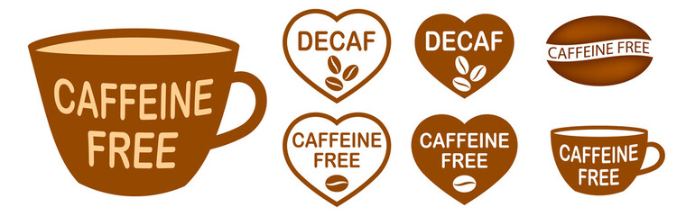 Set of caffeine free stamps. Caffeine free mug-shaped logo. Stamp or icon. Brown label. Healthy drinks. Beverage. Herbal tea. Cup. Decaf heart-shaped logo.