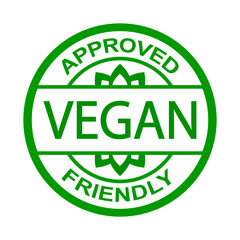 Vegan. Plant based vegetarian food product label. Green round rubber stamp. Logo or icon. Diet. Sticker