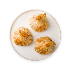 Fried Georgian khinkali with cheese on white plate top view isolated on white background