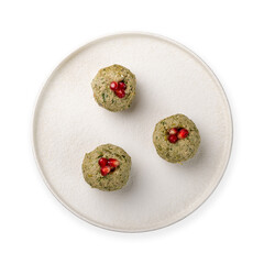 pkhali from beans Georgian cuisine top view on white plate isolated on white background