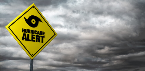 Hurricane alert banner with storm clouds background. Warning. 3D illustration. Copy space.