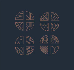 Set of creative modern art deco seafood chevrons in flat line style drawing on brown background.