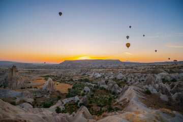 A small number of balloons due to quarantine. First flight after lockdown. Entertainment, tourism an vacation. Travel tour. Goreme, Cappadocia, Turkey.