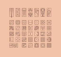 Set of creative modern art deco seafood icons in flat line style drawing on beige background.