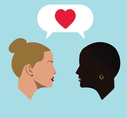 Silhouettes. Portraits. Dialogue of two  women. Girls. Speech bubble with heart. Girls lovers. Women are in dialogue. Women in love. Lesbians.