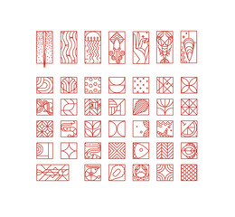 Set of creative modern art deco seafood icons in flat line style drawing on white background.