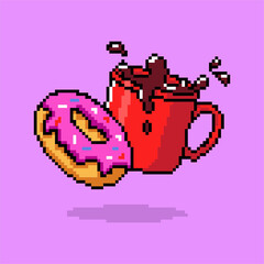 coffee and donut pixel art design vector