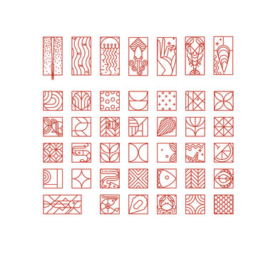 Set of creative modern art deco seafood icons in flat line style drawing on white background.
