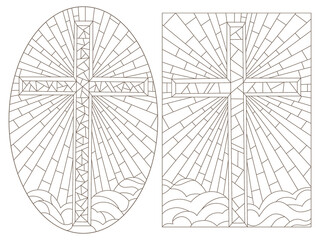 Set contour illustrations of stained glasses with Christian cross, oval and rectangular image