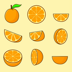 Set of sliced orange isolated vector illustration with outline cartoon style. slice oranges bundle can use for food menu element, icon, symbol, sign, diet, healthy vitamin design
