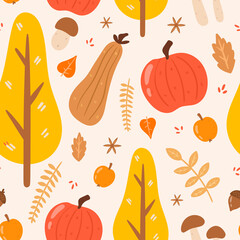 Vector seamless autumn pattern. Collection of doodle icons of yellow dry fallen tree leaves, apples and pumpkins, forest twigs and mushrooms.