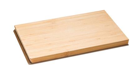 New rectangular wooden bamboo cutting board isolated on white background. Full depth of field. Mockup for food project.