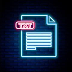 Fototapeta na wymiar Glowing neon line TXT file document. Download txt button icon isolated on brick wall background. Text file extension symbol. Colorful outline concept. Vector