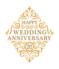 Golden color wedding anniversary floral ornament greeting design with replaceable year value. Vector illustrator.

