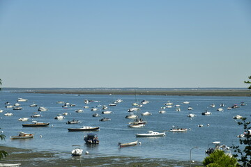 Flotte de petites embarcations en mouillage dans la baie d'Archachon à l'Herbe en gironde 