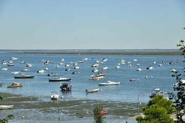 Flotte de petites embarcations en mouillage dans la baie d'Archachon à l'Herbe en gironde 
